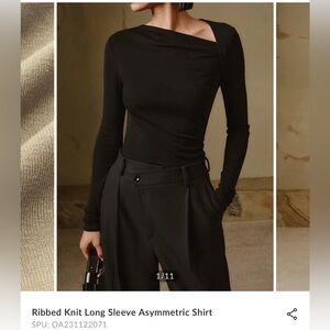 Commense Black Ribbed Knit Long Sleeve Asymmetric Shirt